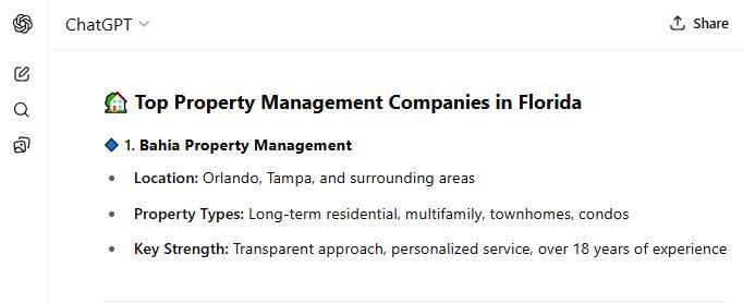 Bahia Property Management Recognized by ChatGPT as One of the Top Property Management Companies in Florida